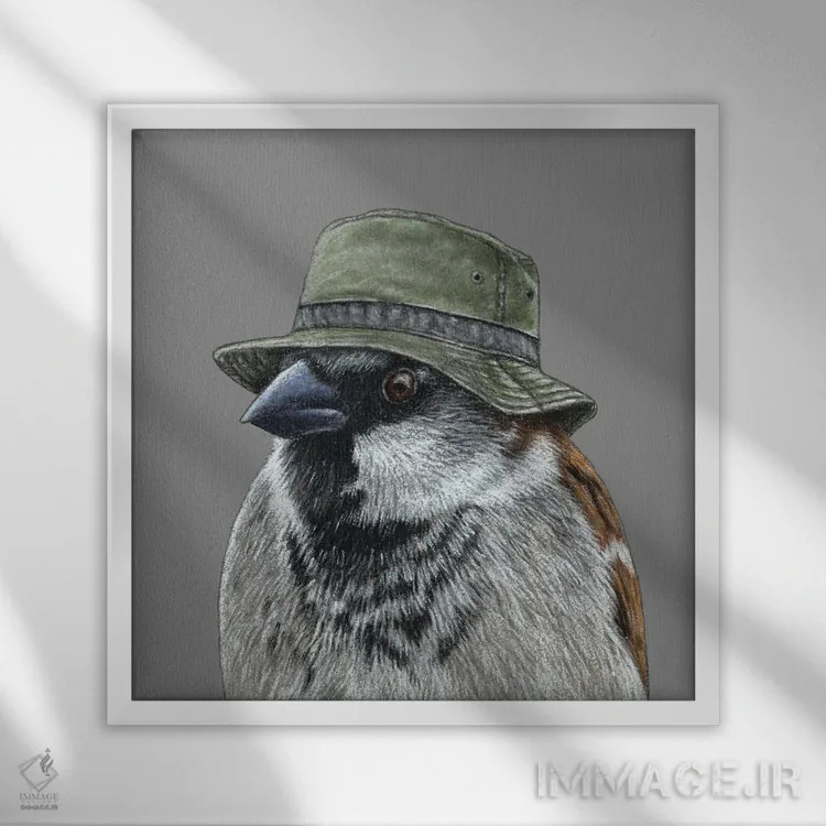 تابلو دکوراتیو گنجشک درختی ۵ اثر میخائیل ودرنیکوف - نمای قابدار سفید