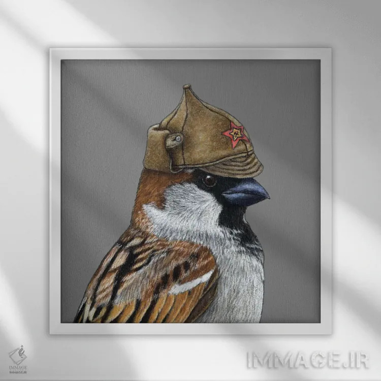 تابلو دکوراتیو گنجشک درختی ۱۱ اثر میخائیل ودرنیکوف - نمای قابدار سفید