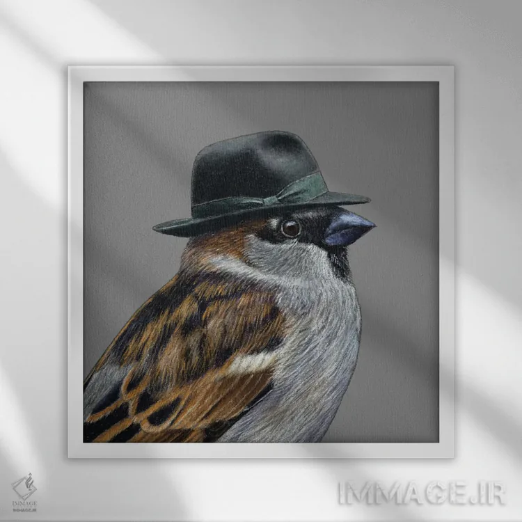 تابلو دکوراتیو گنجشک درختی ۴ اثر میخائیل ودرنیکوف - نمای قابدار سفید