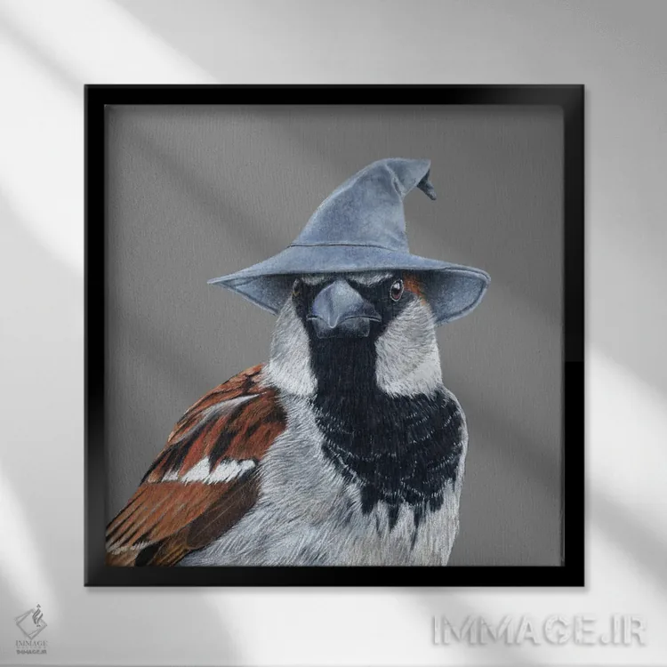 تابلو دکوراتیو گنجشک خانگی ۲ اثر میخائیل ودرنیکوف - نمای قابدار مشکی