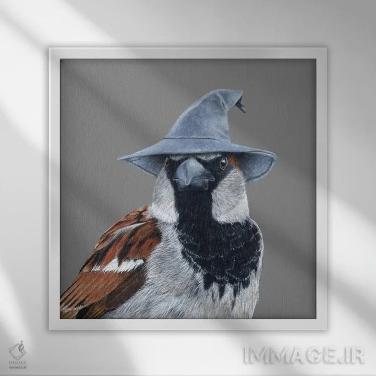 تابلو دکوراتیو گنجشک خانگی ۲ اثر میخائیل ودرنیکوف - نمای قابدار سفید