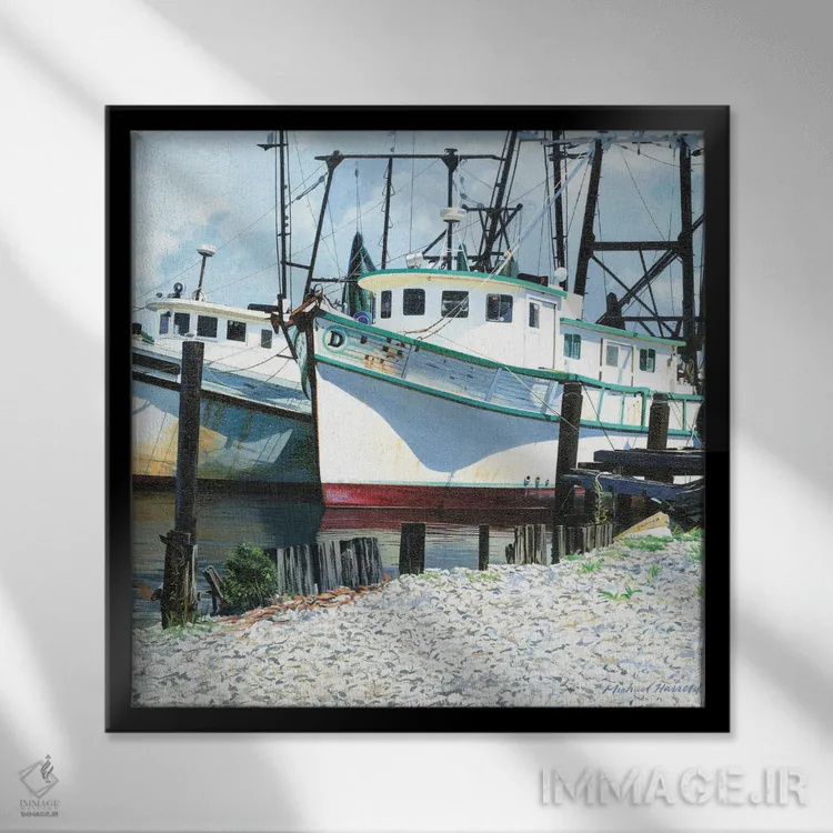 تابلو دکوراتیو قایق های میگو لنگر انداخته اثر مایکل جی. هارل - نمای قابدار مشکی