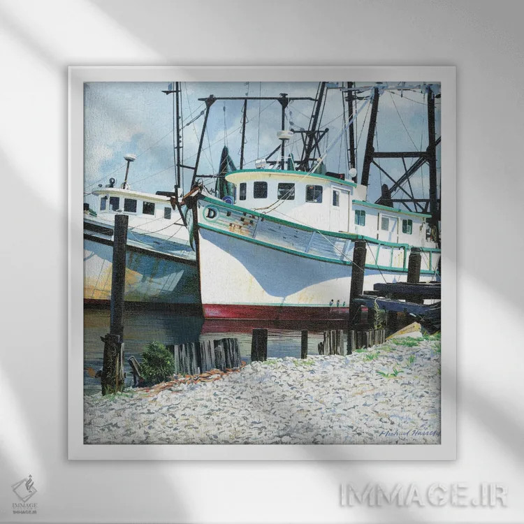 تابلو دکوراتیو قایق های میگو لنگر انداخته اثر مایکل جی. هارل - نمای قابدار سفید