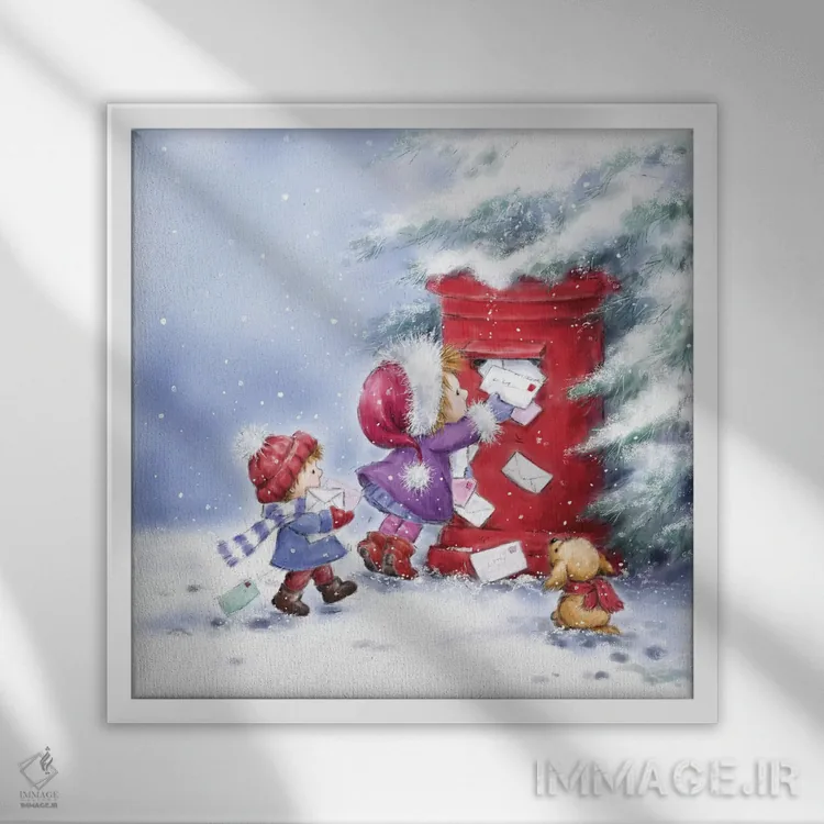 تابلو دکوراتیو "دختر و پسر کوچک با نامه ها" اثر ماکیکو - نمای قابدار سفید