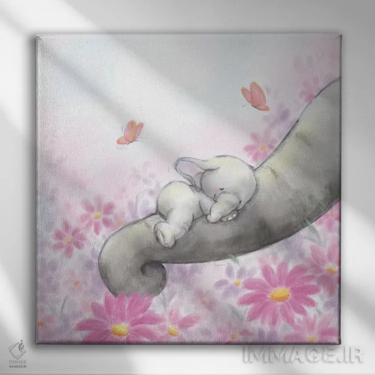 تابلو دکوراتیو "فیل کوچولو در حال خواب" اثر ماکیکو - نمای روبهرو روی دیوار