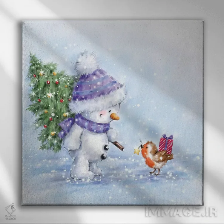 تابلو دکوراتیو "آدم برفی و رابین ۷" اثر ماکیکو - نمای روبهرو روی دیوار