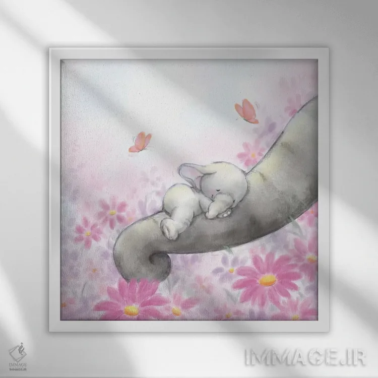 تابلو دکوراتیو "فیل کوچولو در حال خواب" اثر ماکیکو - نمای قابدار سفید