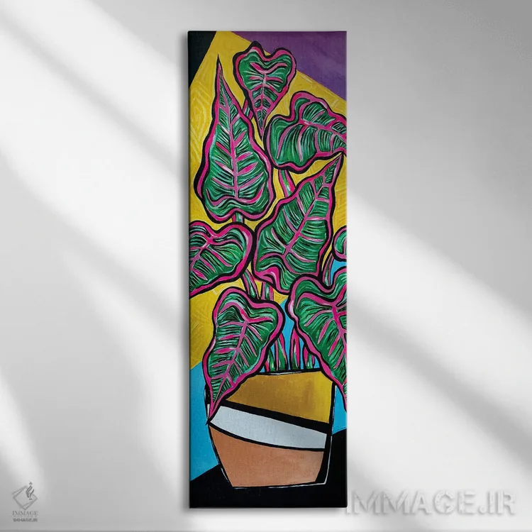 تابلو دکوراتیو گیاه گلدانی با پس زمینه رترو اثر نیکولتا پینتس - نمای روبهرو روی دیوار