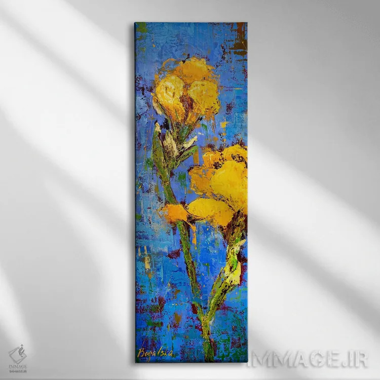 تابلو انتزاعی زنبق طلایی اثر اولنا بوگاتسکا - نمای روبهرو روی دیوار