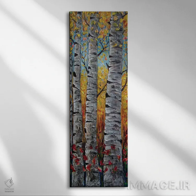 تابلو دکوراتیو پانورامای عمودی از درختان آسپن کلرادو به سبک امپرسیونیستی اثر اولنا آرت - نمای روبهرو روی دیوار
