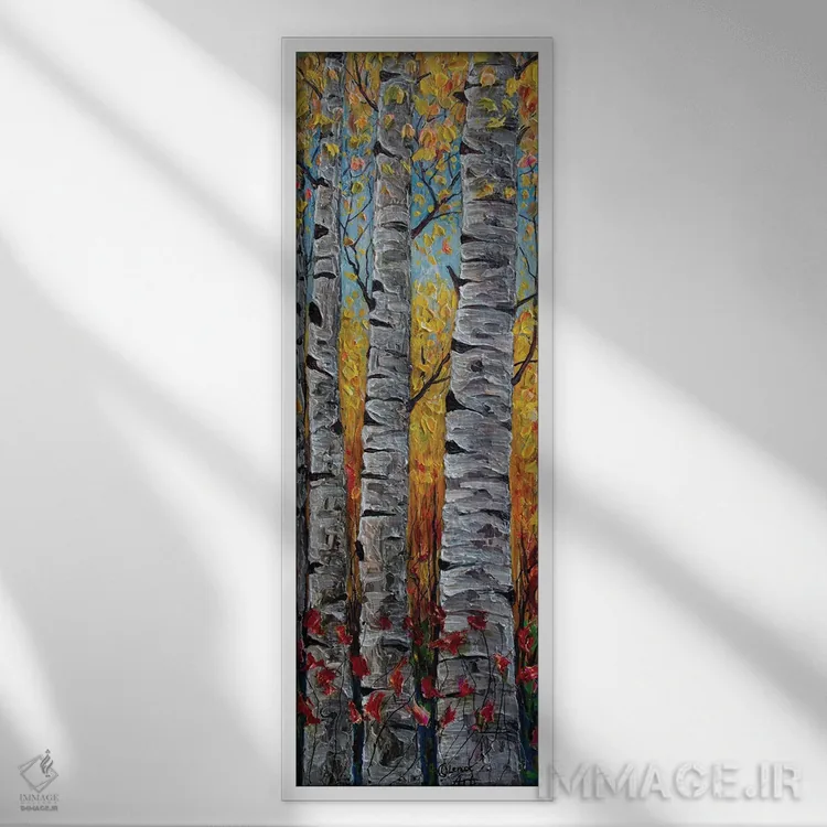 تابلو دکوراتیو پانورامای عمودی از درختان آسپن کلرادو به سبک امپرسیونیستی اثر اولنا آرت - نمای قابدار سفید