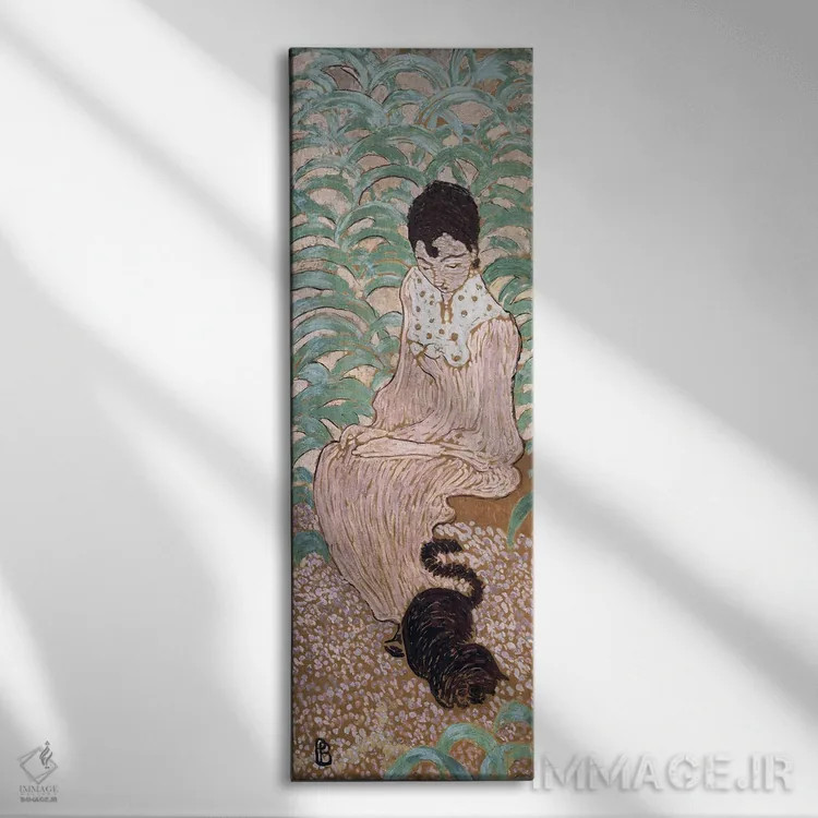 تابلو کلاسیک زن نشسته با گربه، یکی از چهار پنل "زنان در باغ"، 1891 اثر پیر بونار - نمای روبهرو روی دیوار