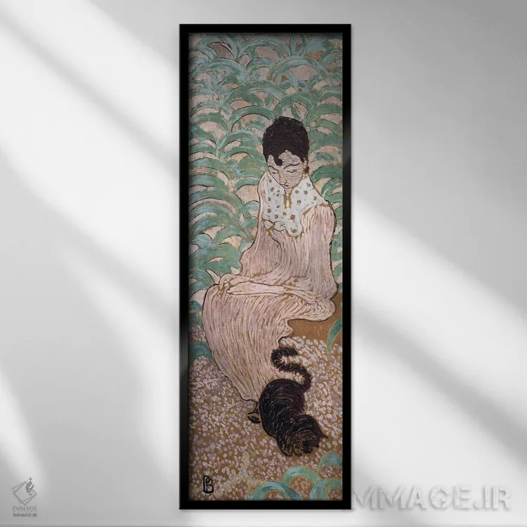 تابلو کلاسیک زن نشسته با گربه، یکی از چهار پنل "زنان در باغ"، 1891 اثر پیر بونار - نمای قابدار مشکی
