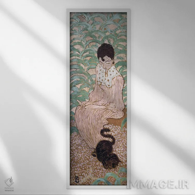 تابلو کلاسیک زن نشسته با گربه، یکی از چهار پنل "زنان در باغ"، 1891 اثر پیر بونار - نمای قابدار سفید