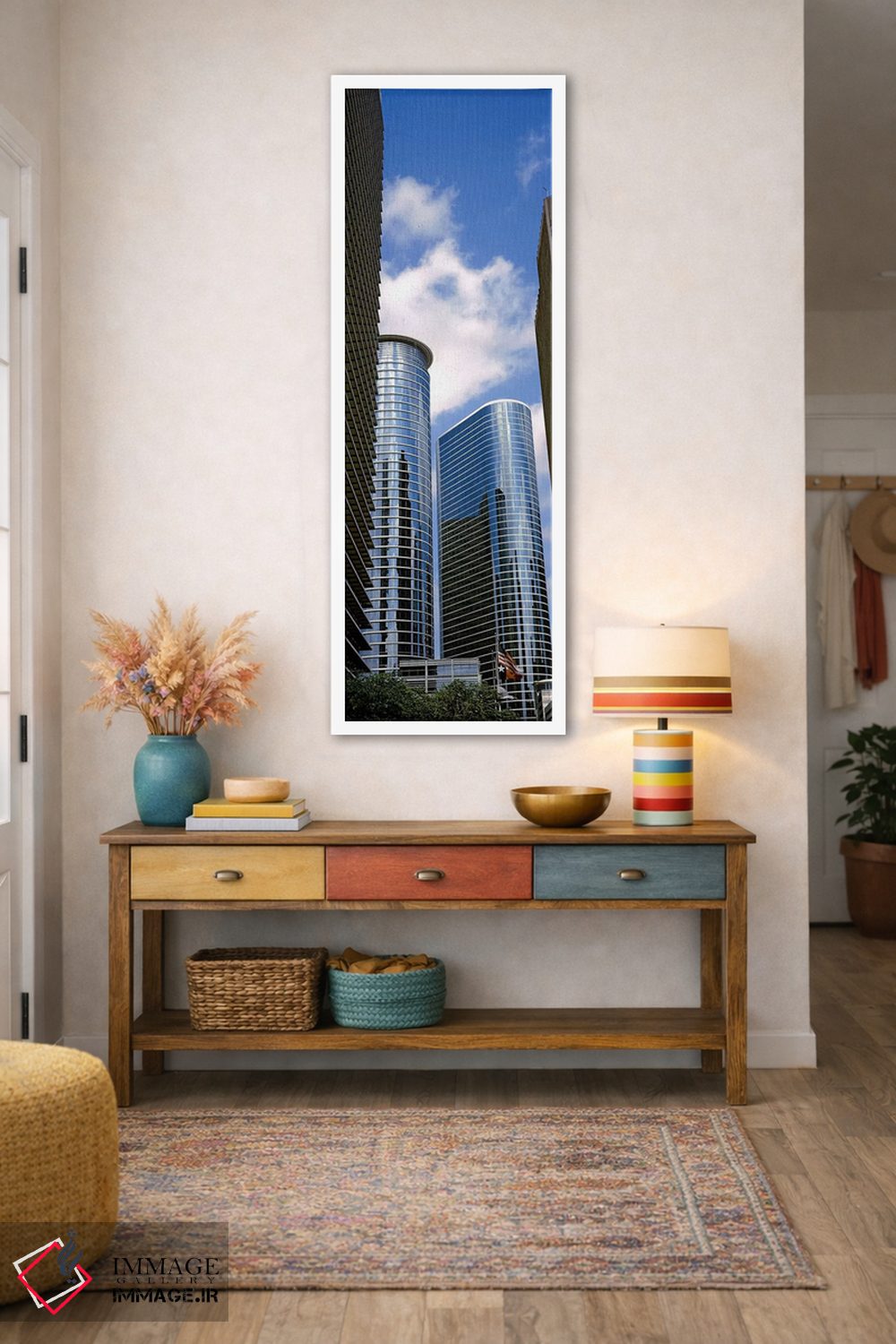 تابلو دکوراتیو نمای پایین از ساختمان ها در یک شهر، برج وج، ساختمان اکس… اثر پانورامیک ایمجز - D1W