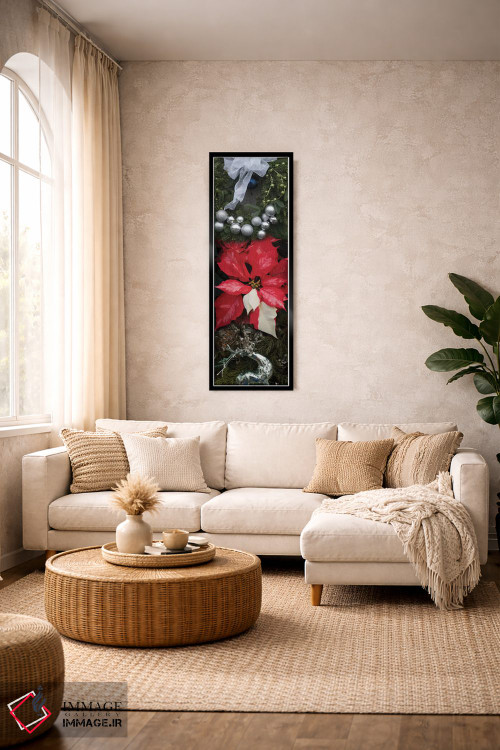 تابلو دکوراتیو "نمای نزدیک تزئینات کریسمس و گل های پوینستتیا" اثر پانورامیک ایمجز - D3B