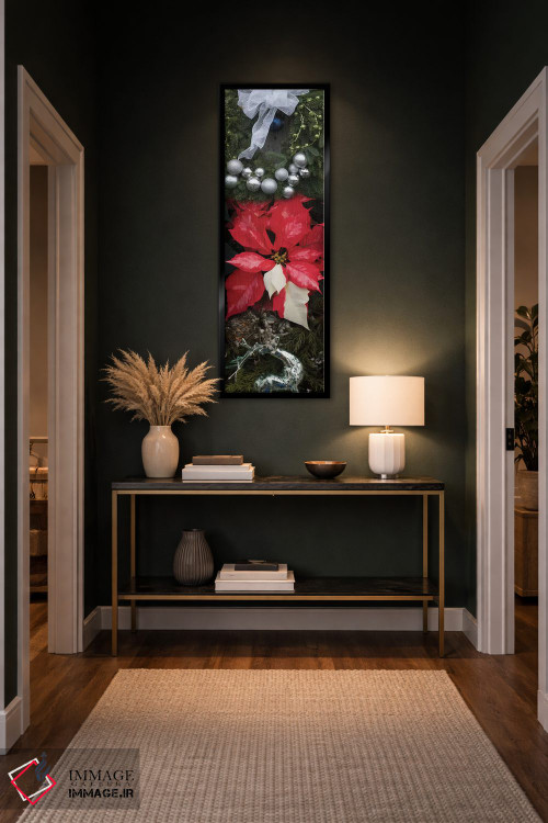 تابلو دکوراتیو "نمای نزدیک تزئینات کریسمس و گل های پوینستتیا" اثر پانورامیک ایمجز - D4B