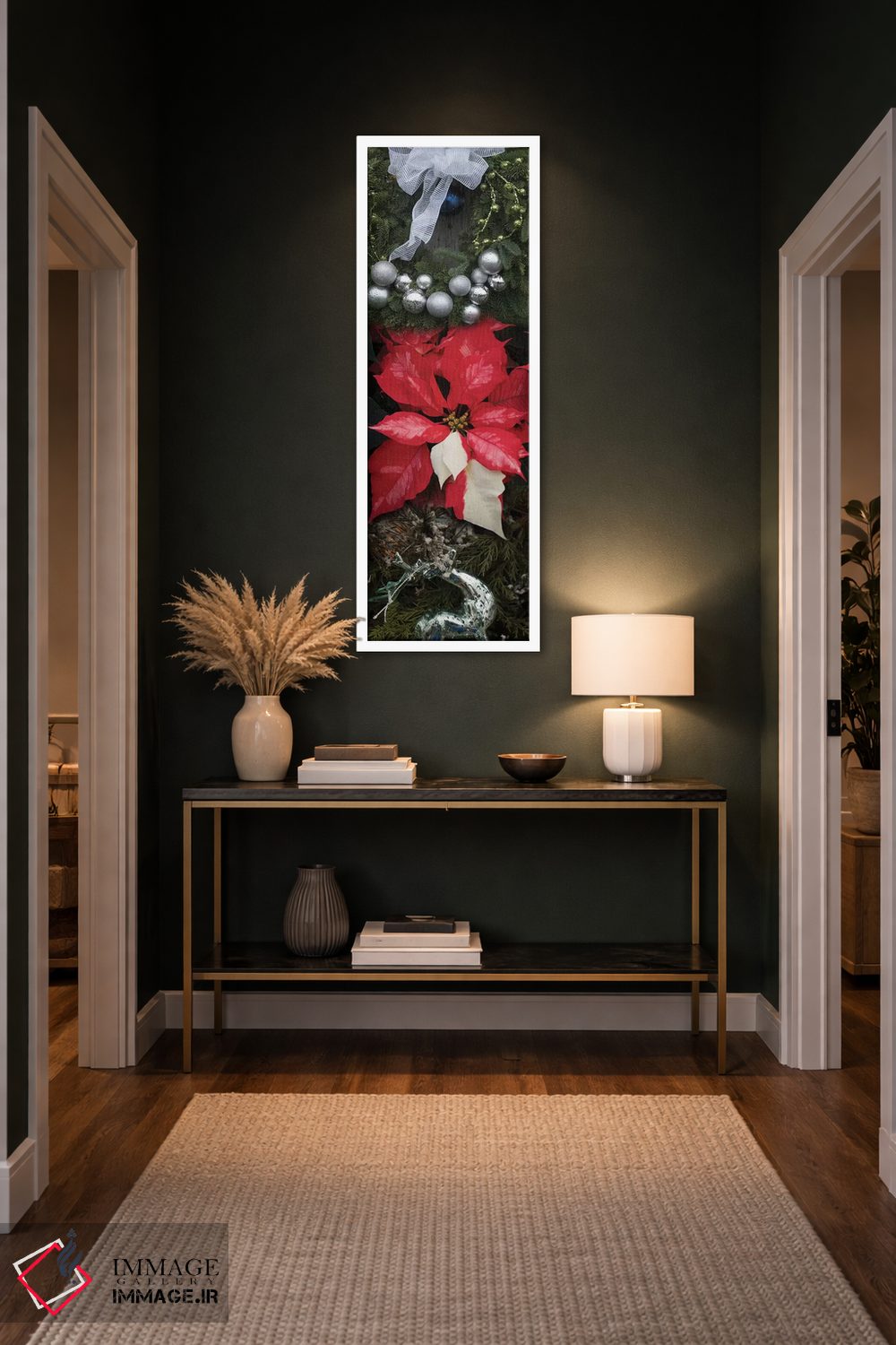 تابلو دکوراتیو "نمای نزدیک تزئینات کریسمس و گل های پوینستتیا" اثر پانورامیک ایمجز - D5W