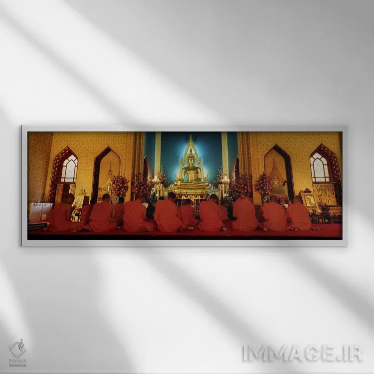 تابلو دکوراتیو Bangkok, Thailand,راهبان معبد بنچاماپوفیت، بانکوک، تایل… اثر پانورامیک ایمجز - نمای قابدار سفید