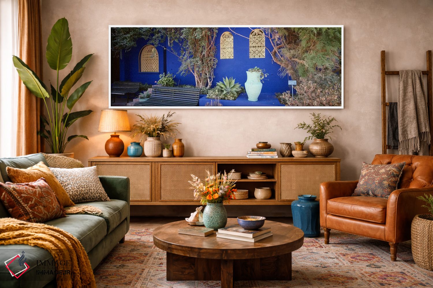 تابلو دکوراتیو Jardin Majorelle, Marrakech, Morocco,دیوارهای به رنگ آب… اثر پانورامیک ایمجز - D3W