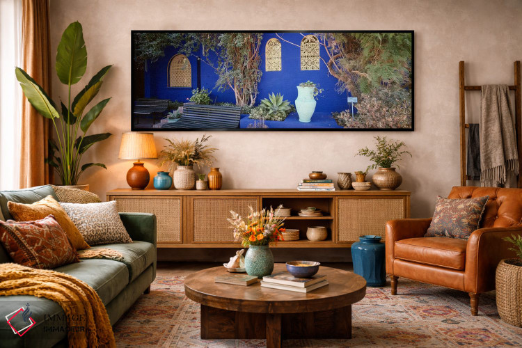 تابلو دکوراتیو Jardin Majorelle, Marrakech, Morocco,دیوارهای به رنگ آب… اثر پانورامیک ایمجز - D4B