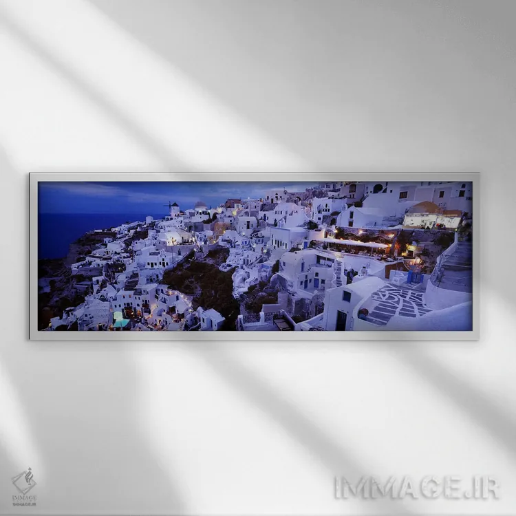 تابلو دکوراتیو Santorini, Cyclades, Greece,منظره روستایی ساحلی در شامگ… اثر پانورامیک ایمجز - نمای قابدار سفید