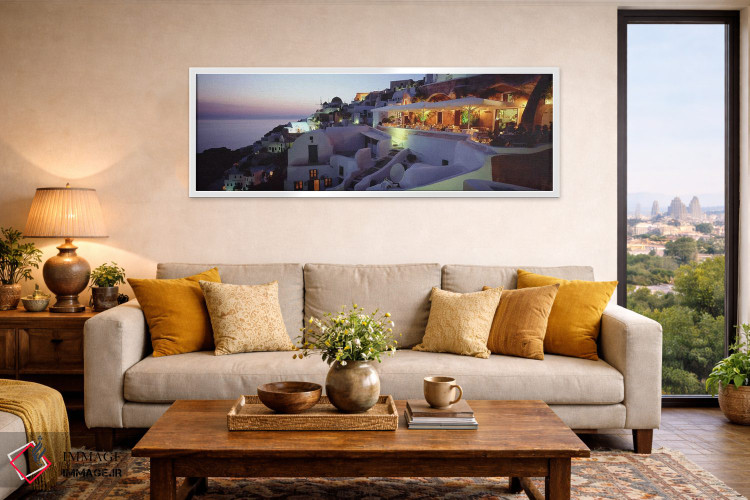 تابلو دکوراتیو Santorini, Cyclades, Greece,منظره روستایی ساحلی در شامگ… اثر پانورامیک ایمجز - D3W