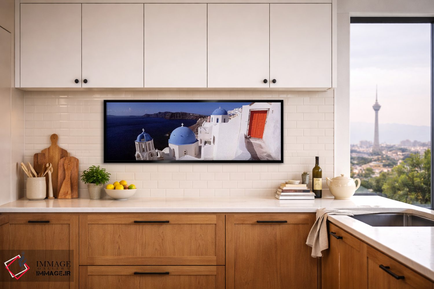 تابلو دکوراتیو Santorini, Cyclades Islands, Greece,کلیسا در شهر، سانتو… اثر پانورامیک ایمجز - D5B