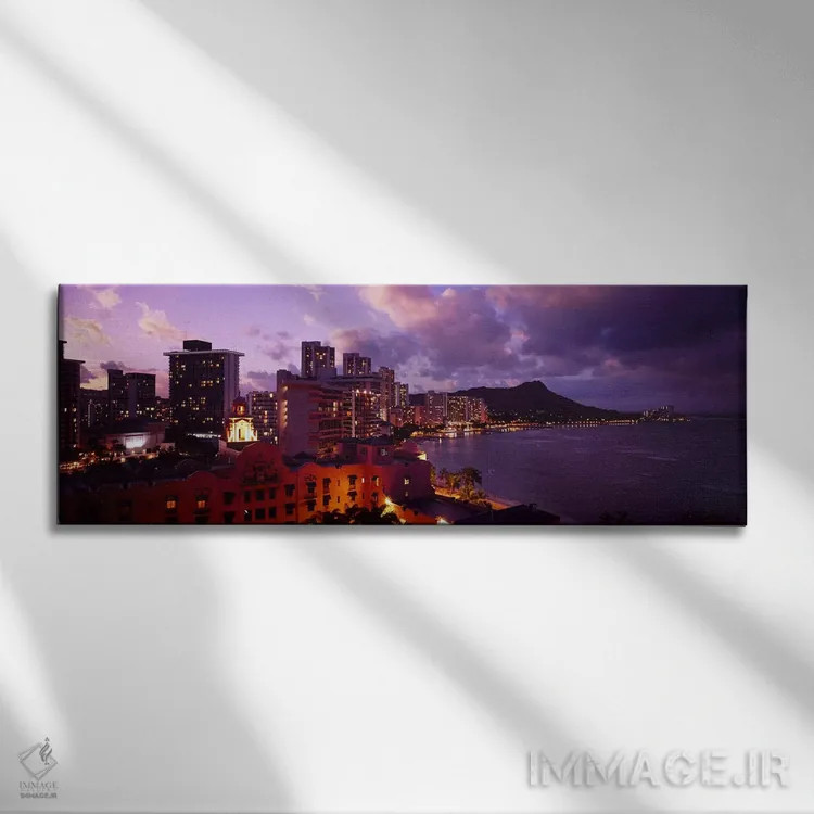 تابلو دکوراتیو Waikiki, Oahu, Hawaii, USA,ساختمان های روشن شده در شامگ… اثر پانورامیک ایمجز - نمای روبهرو روی دیوار