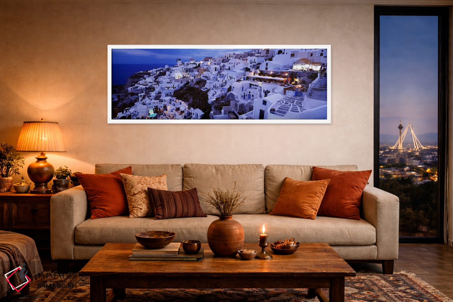 تابلو دکوراتیو Santorini, Cyclades, Greece,منظره روستایی ساحلی در شامگ… اثر پانورامیک ایمجز - D4W
