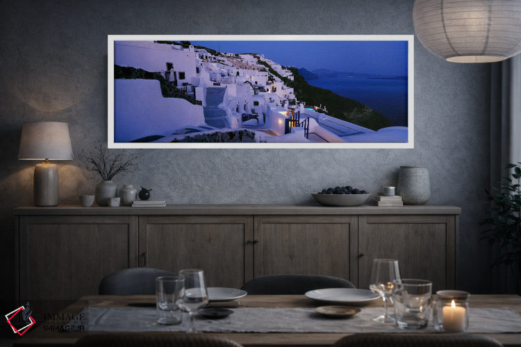 تابلو دکوراتیو Santorini, Cyclades, Greece,منظره روستایی ساحلی در شامگ… اثر پانورامیک ایمجز - D3W