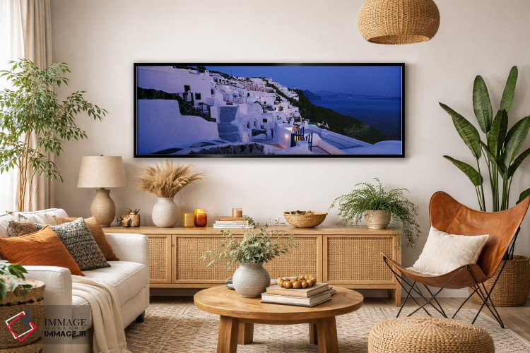 تابلو دکوراتیو Santorini, Cyclades, Greece,منظره روستایی ساحلی در شامگ… اثر پانورامیک ایمجز - D4B