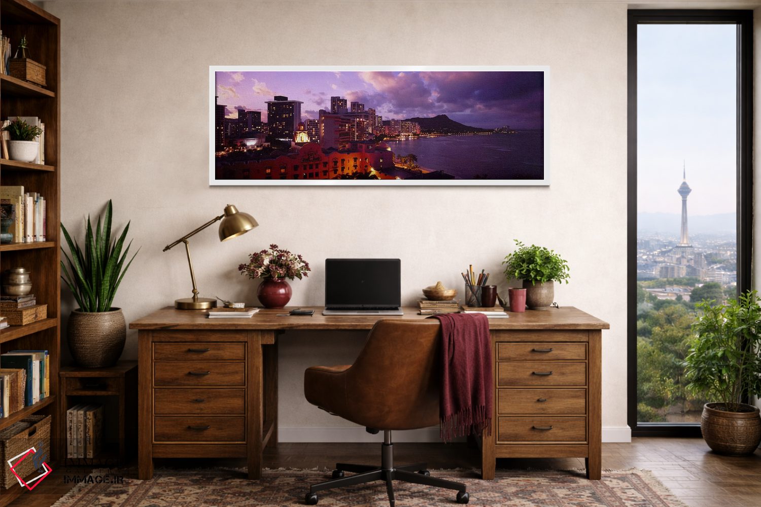 تابلو دکوراتیو Waikiki, Oahu, Hawaii, USA,ساختمان های روشن شده در شامگ… اثر پانورامیک ایمجز - D1W