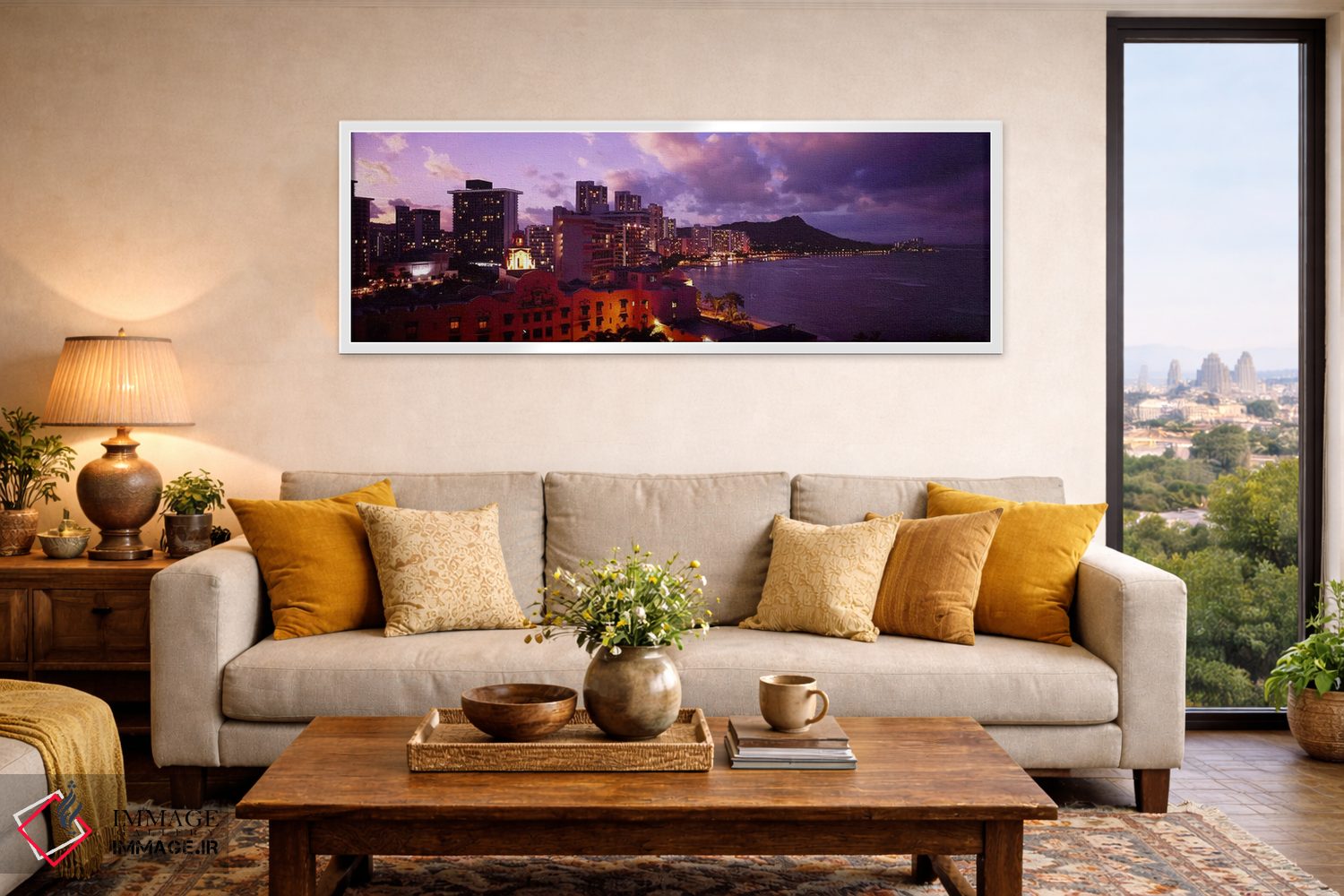تابلو دکوراتیو Waikiki, Oahu, Hawaii, USA,ساختمان های روشن شده در شامگ… اثر پانورامیک ایمجز - D3W