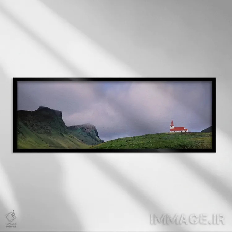 تابلو دکوراتیو Vik I Myrdal, Iceland,کلیسا در منظره، ویک ای میردال، ای… اثر پانورامیک ایمجز - نمای قابدار مشکی