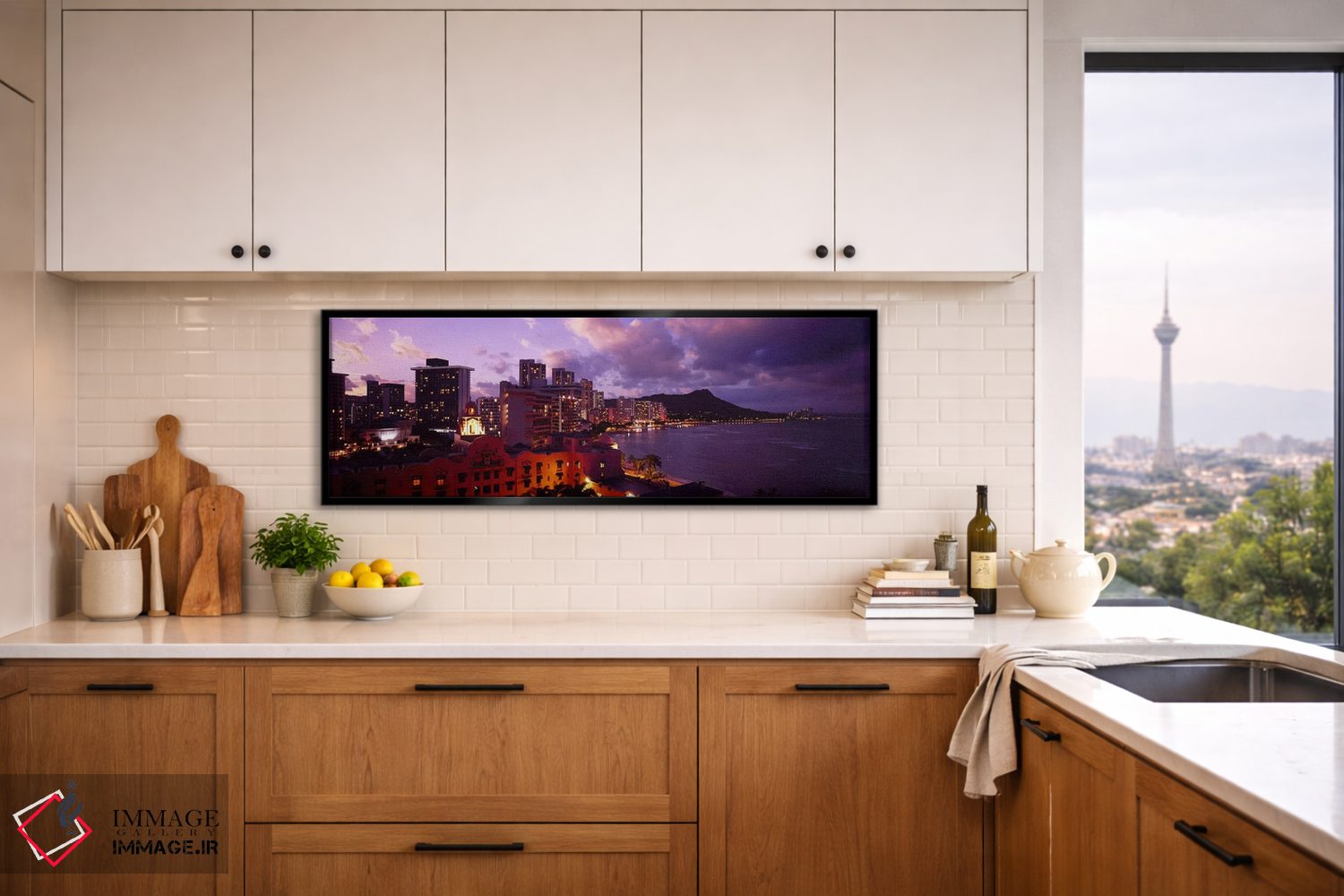 تابلو دکوراتیو Waikiki, Oahu, Hawaii, USA,ساختمان های روشن شده در شامگ… اثر پانورامیک ایمجز - D6B