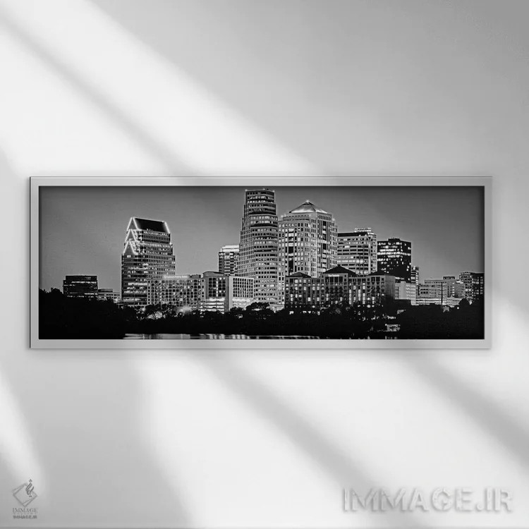 تابلو دکوراتیو Texas, Austin, Panoramic view of a city skyline ,ایالات… اثر پانورامیک ایمجز - نمای قابدار سفید