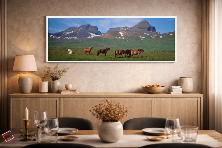 تابلو دکوراتیو Borgarfjordur, Iceland,اسب های ایستاده و در حال چرا در… اثر پانورامیک ایمجز - D1W