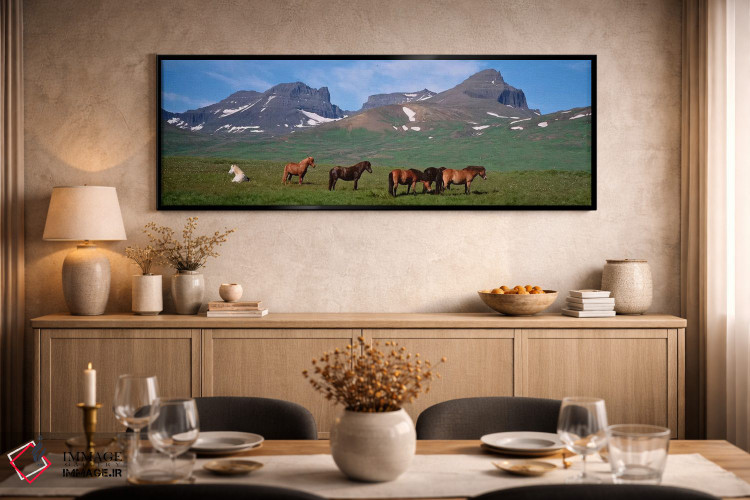 تابلو دکوراتیو Borgarfjordur, Iceland,اسب های ایستاده و در حال چرا در… اثر پانورامیک ایمجز - D2B