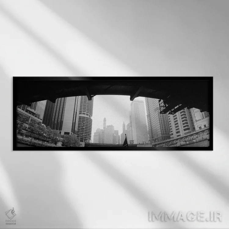 تابلو دکوراتیو Chicago, Illinois, USA,نمای زاویه پایین از ساختمان ها… اثر پانورامیک ایمجز - نمای قابدار مشکی
