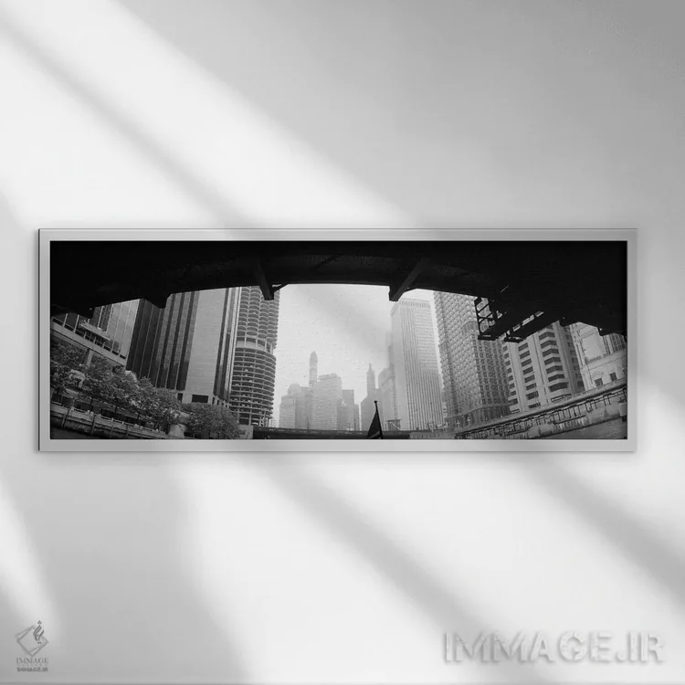 تابلو دکوراتیو Chicago, Illinois, USA,نمای زاویه پایین از ساختمان ها… اثر پانورامیک ایمجز - نمای قابدار سفید