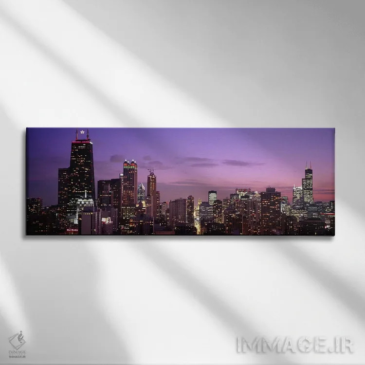 تابلو دکوراتیو Chicago, Illinois, USA,ساختمان های روشن شده هنگام غروب… اثر پانورامیک ایمجز - نمای روبهرو روی دیوار