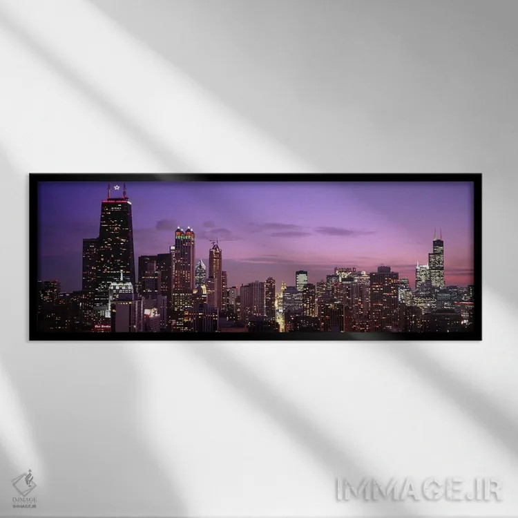 تابلو دکوراتیو Chicago, Illinois, USA,ساختمان های روشن شده هنگام غروب… اثر پانورامیک ایمجز - نمای قابدار مشکی