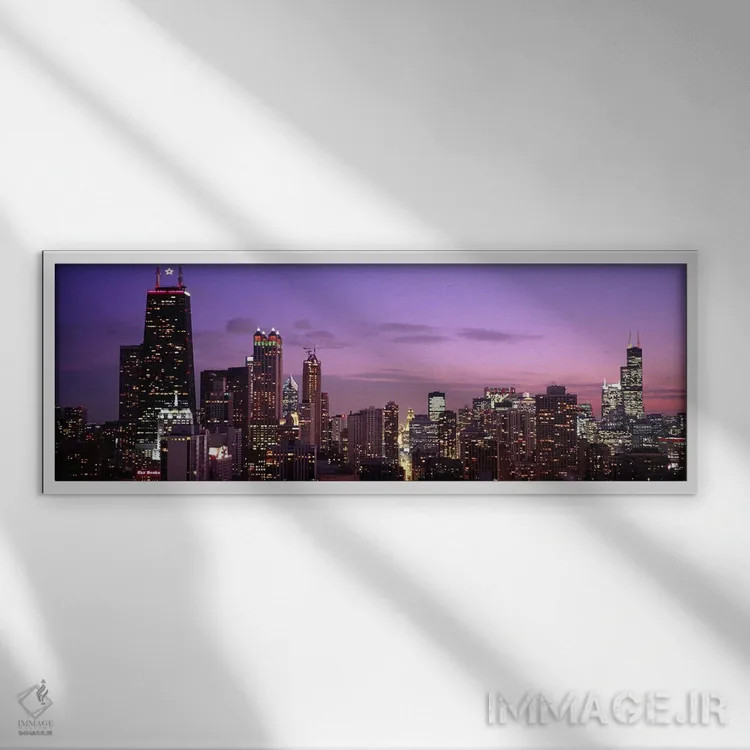 تابلو دکوراتیو Chicago, Illinois, USA,ساختمان های روشن شده هنگام غروب… اثر پانورامیک ایمجز - نمای قابدار سفید
