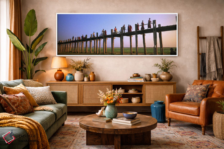 تابلو دکوراتیو Mandalay, U Bein Bridge, People crossing over the bridg… اثر پانورامیک ایمجز - D2W