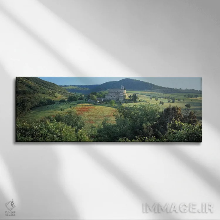 تابلو دکوراتیو Abbazia di Sant'Antimo, Tuscany, Italy,نمای بالا از کلی… اثر پانورامیک ایمجز - نمای روبهرو روی دیوار