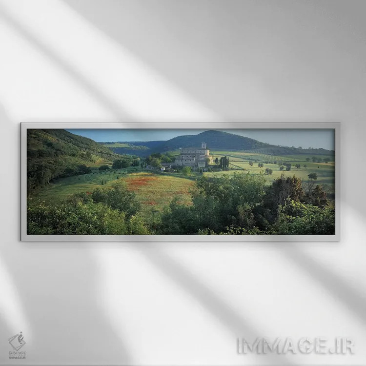 تابلو دکوراتیو Abbazia di Sant'Antimo, Tuscany, Italy,نمای بالا از کلی… اثر پانورامیک ایمجز - نمای قابدار سفید