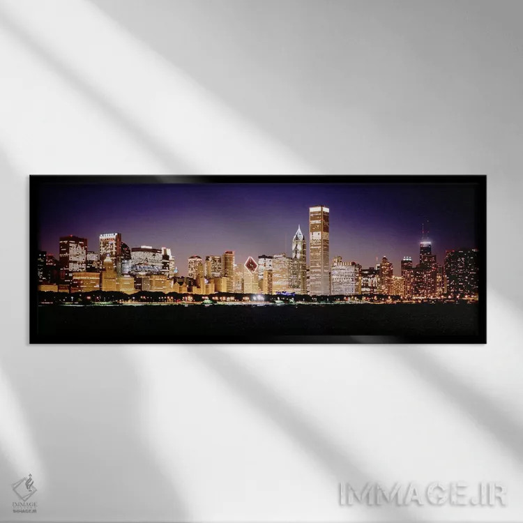 تابلو دکوراتیو Chicago, Cook County, Illinois, USA,افق مرکز شهر در شب… اثر پانورامیک ایمجز - نمای قابدار مشکی