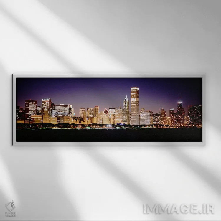 تابلو دکوراتیو Chicago, Cook County, Illinois, USA,افق مرکز شهر در شب… اثر پانورامیک ایمجز - نمای قابدار سفید