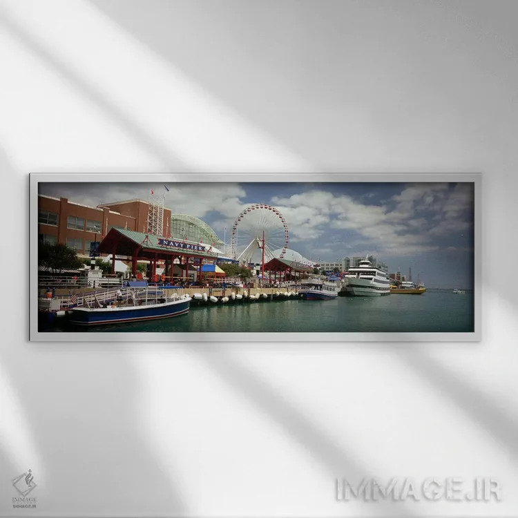 تابلو دکوراتیو Navy Pier, Chicago, Illinois, USA,قایق های پهلوگرفته در… اثر پانورامیک ایمجز - نمای قابدار سفید